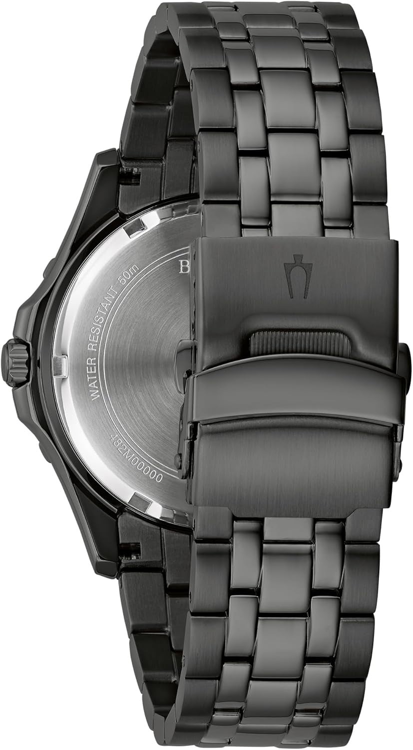 Men'S Sport Watch, Black Stainless Steel Bracelet, Rose Gold Accents, Luminous Markers Black Dial, 42Mm Case Style: 98B438