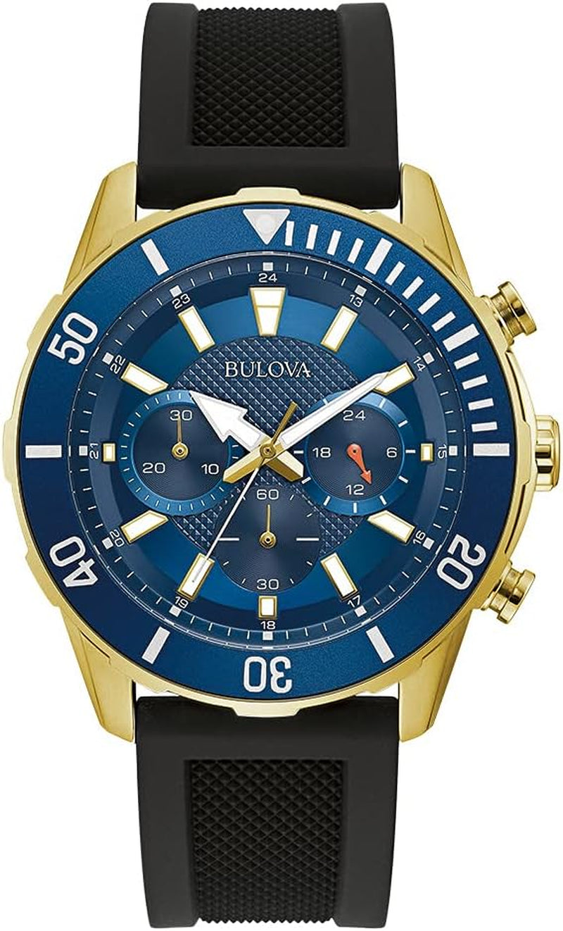 Men'S Sport 6-Hand Chronograph Quartz Watch with Black Silicone Strap, 24 Hour Time, Calendar Date, Luminous Hands and Markers, 100M Water Resistant, 44Mm