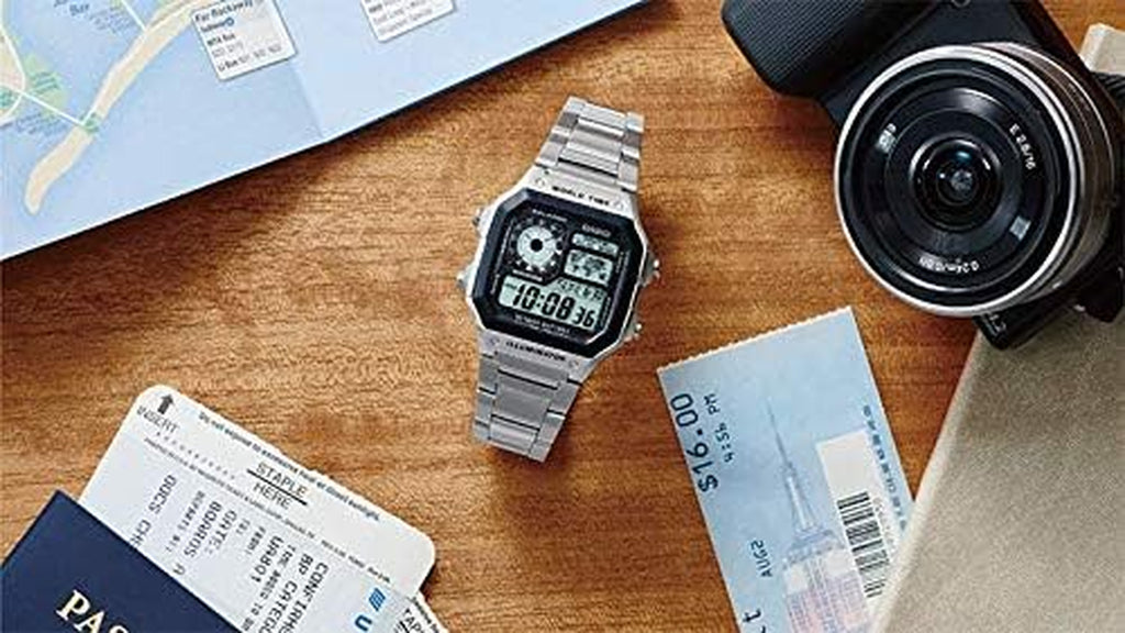 AE1200WH Series | Men’S Digital Watch | 100M WR | Multi Alarms | 100 SEC Stopwatch | Countdown Timer | World Map for World Time | LED Light | LC Analog Display | 10 Year Battery