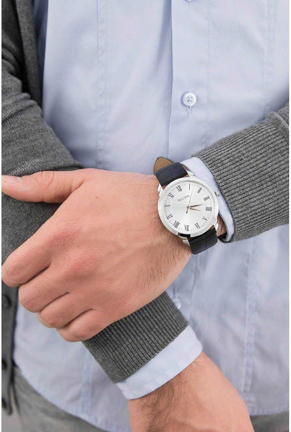 Men'S Classic 3-Hand Quartz Black Leather Strap Watch, Roman Numeral Markers, 41Mm