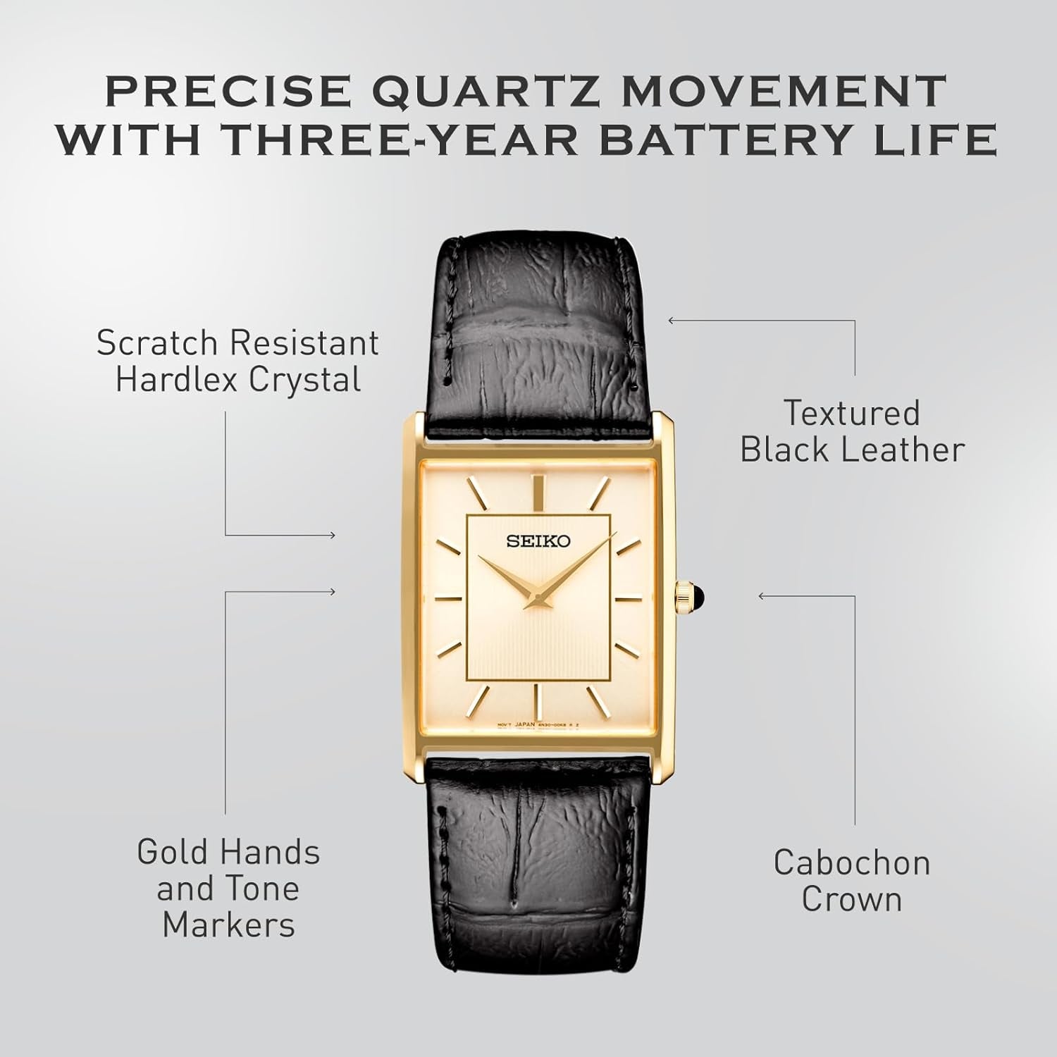 Essentials Watch for Men - Essentials - Water Resistant with Stainless Steel Rectangular Case and Leather Strap