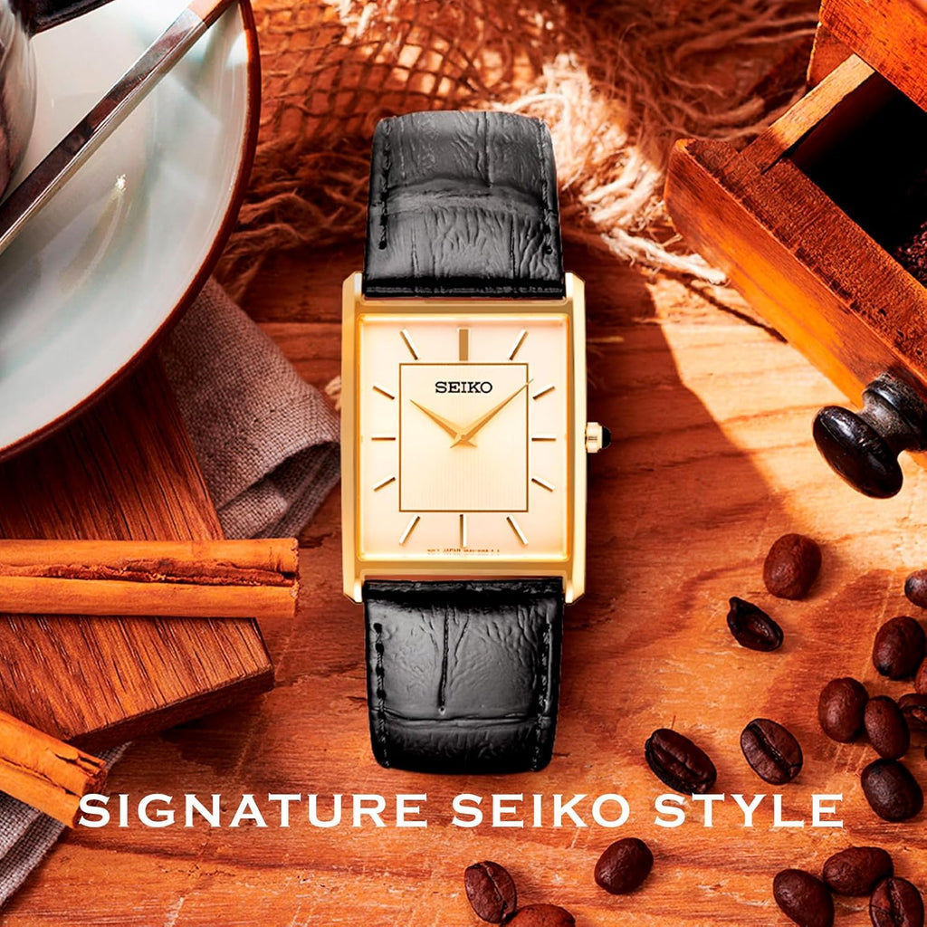 Essentials Watch for Men - Essentials - Water Resistant with Stainless Steel Rectangular Case and Leather Strap