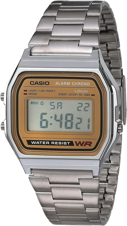 A158WA Series | Unisex Digital Watch | Vintage | WR | 100 SEC Stop Watch | Daily Alarm | Regular Time Keeping: Hour, Minute, Second, PM, Date, Day | Led Light | 7 Yr Battery