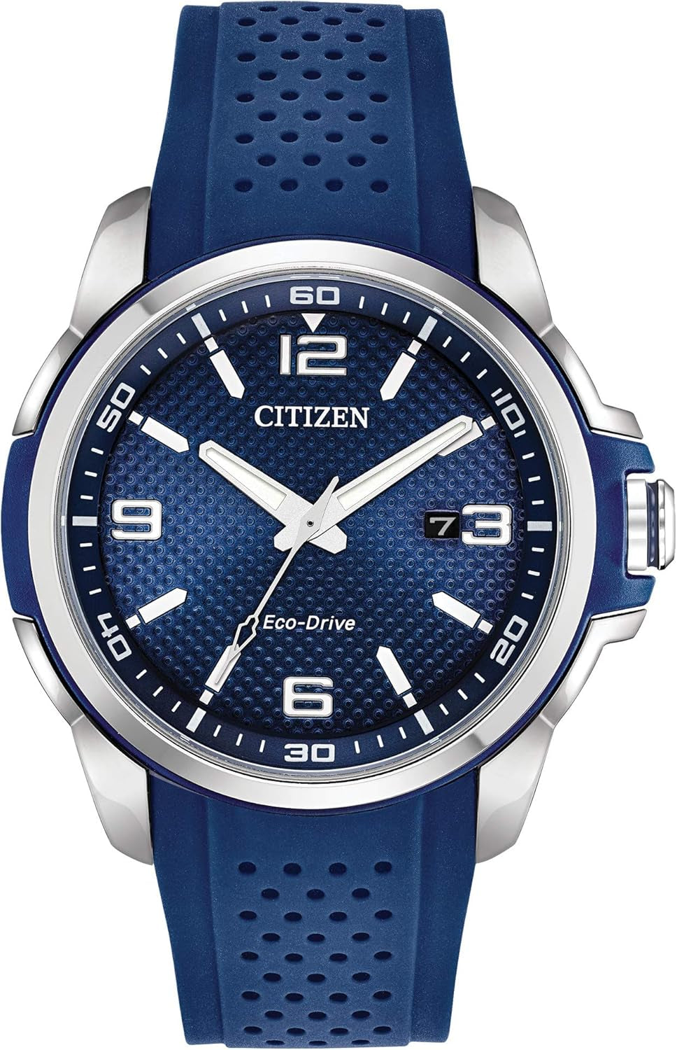 Men'S Eco-Drive Weekender Watch in Stainless Steel with Blue Polyurethane Strap, Blue Dial (Model: AW1158-05L)