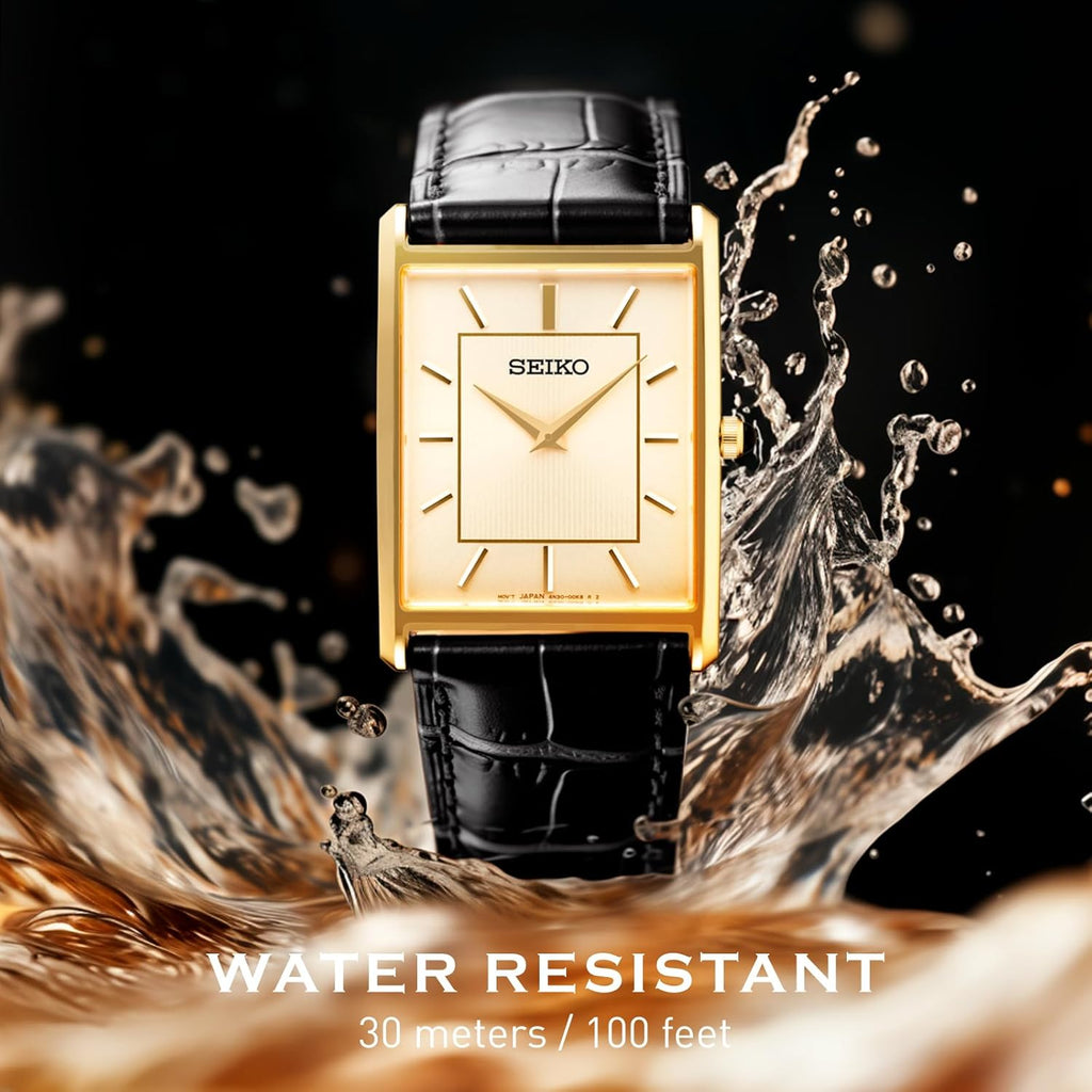 Essentials Watch for Men - Essentials - Water Resistant with Stainless Steel Rectangular Case and Leather Strap