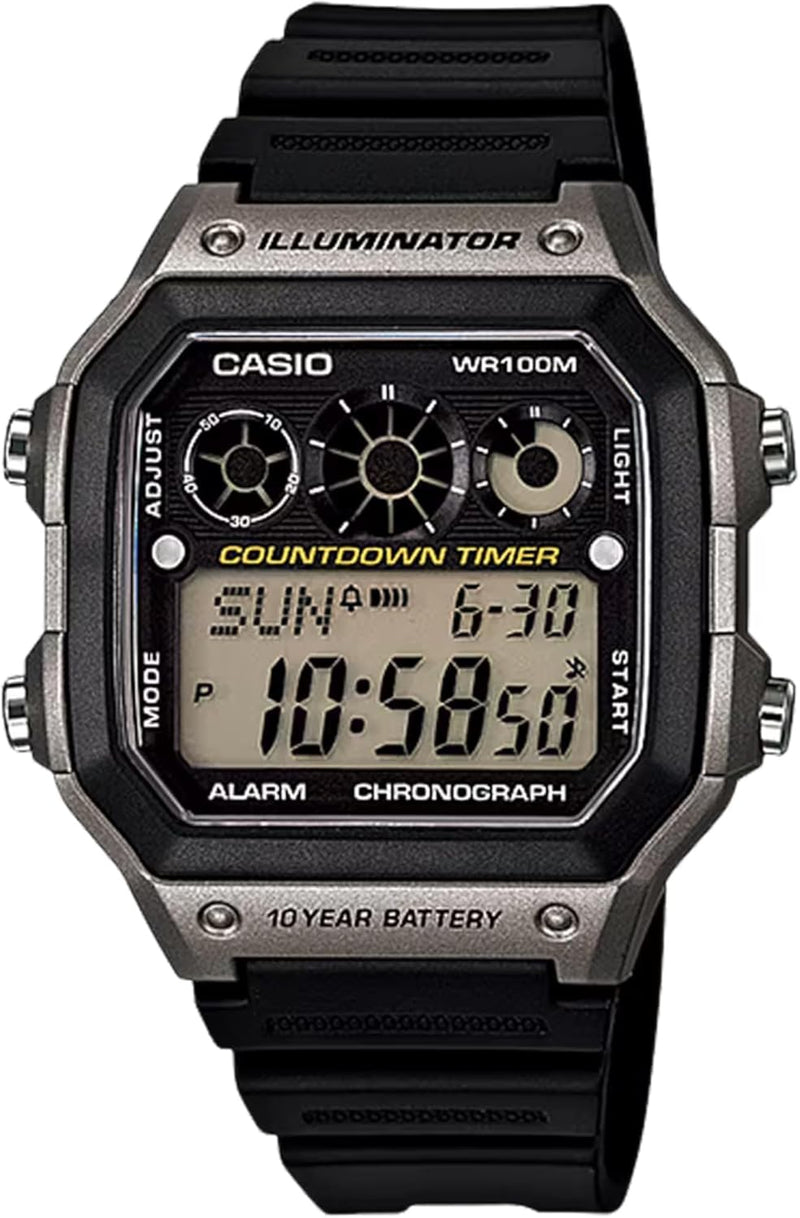 AE-1300WH Series | Watches for Men | Digital Watch | Black | 1/100 SEC Stopwatch | 9 Interval Timers | LED Light | 100M WR | Multi Alarm | Calendar | World Time | 12/24 Hour Format | 10 Yr Batt