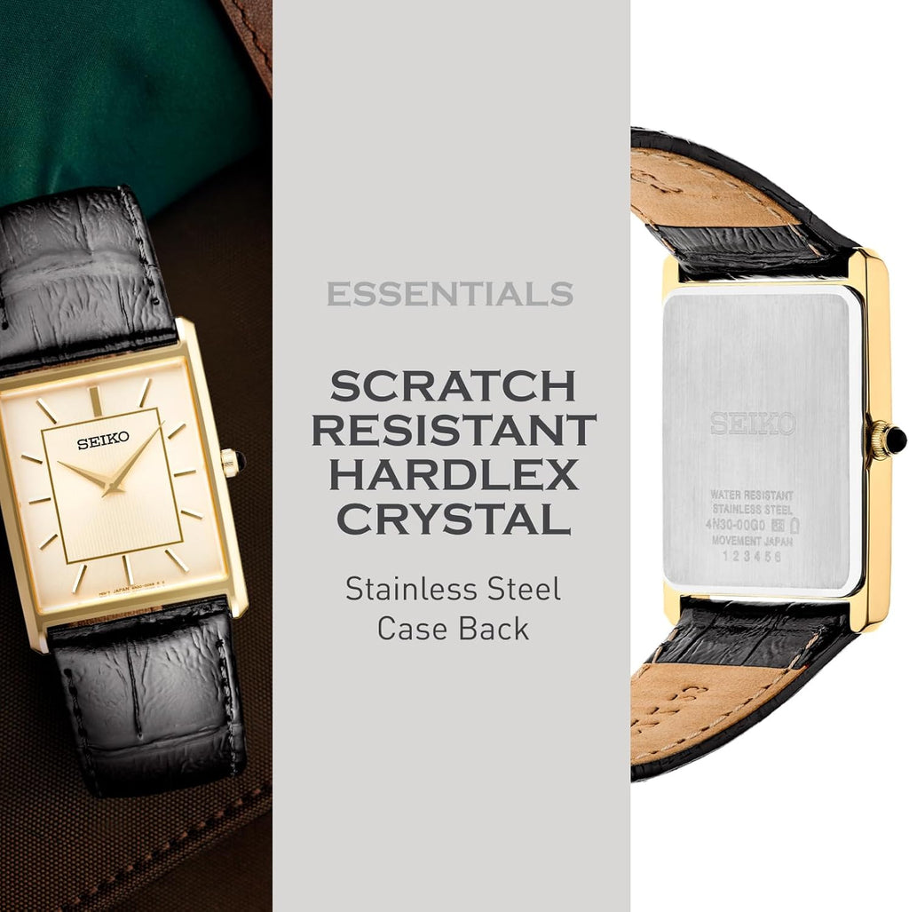 Essentials Watch for Men - Essentials - Water Resistant with Stainless Steel Rectangular Case and Leather Strap