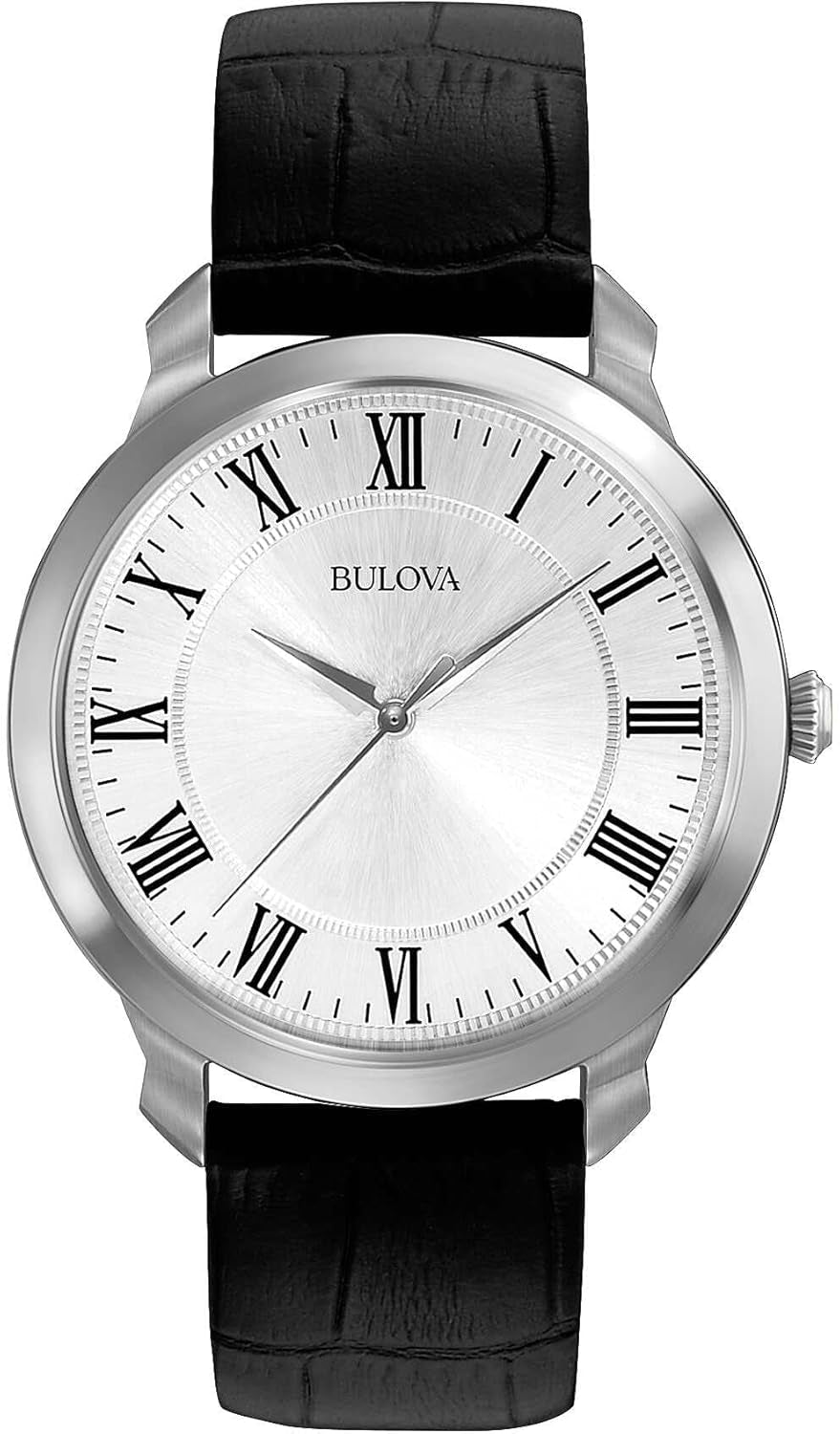 Men'S Classic 3-Hand Quartz Black Leather Strap Watch, Roman Numeral Markers, 41Mm