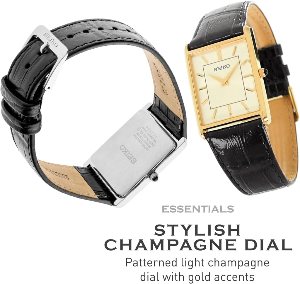 Essentials Watch for Men - Essentials - Water Resistant with Stainless Steel Rectangular Case and Leather Strap