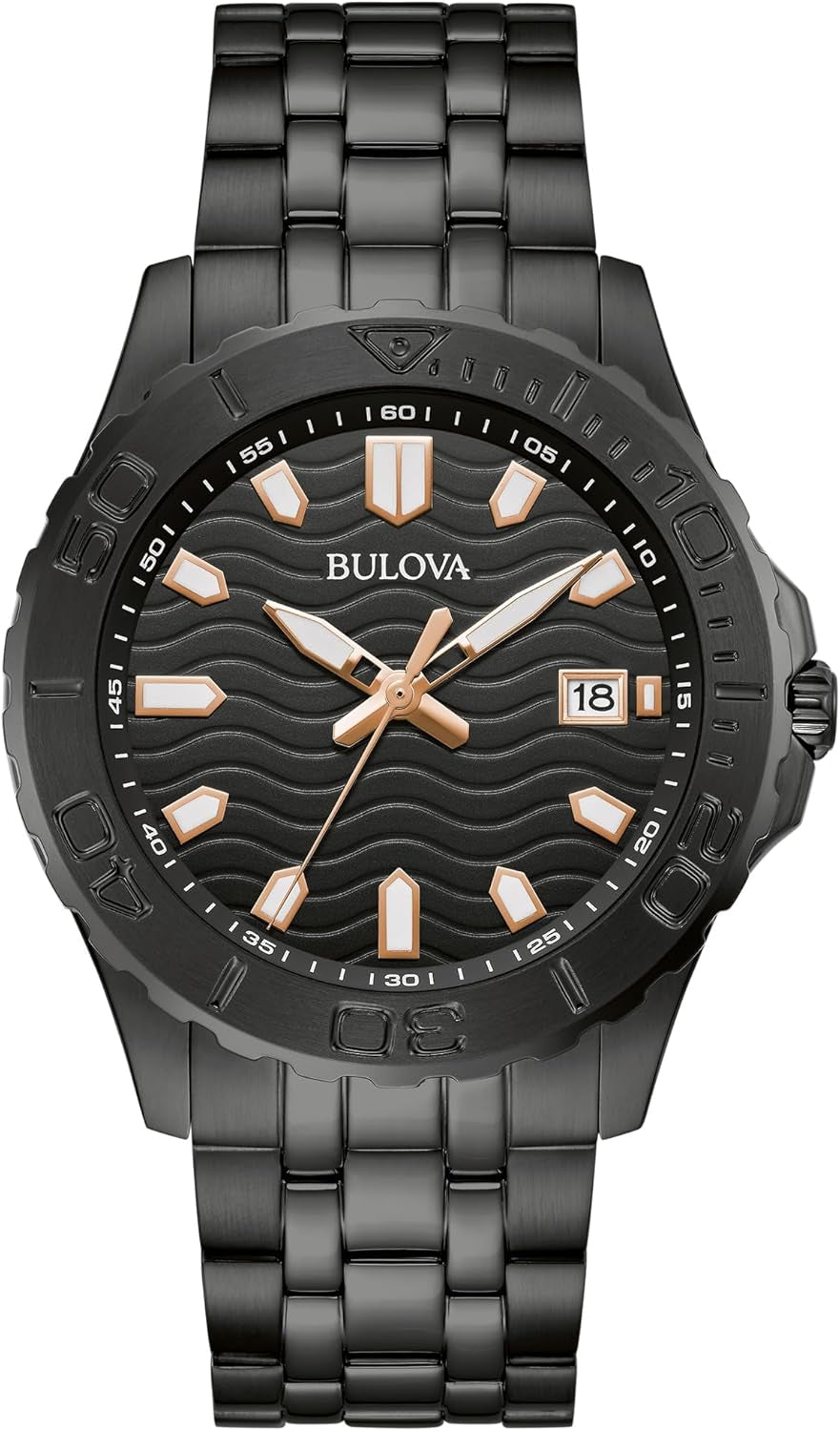Men'S Sport Watch, Black Stainless Steel Bracelet, Rose Gold Accents, Luminous Markers Black Dial, 42Mm Case Style: 98B438