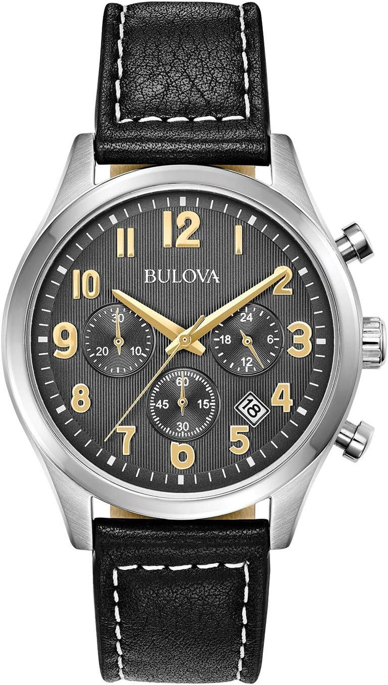 Men'S Classic Stainless Steel 6-Hand Chronograph Quartz Leather Strap Watch with Grey Dial, Gold Accents, Arabic Markers, 41Mm