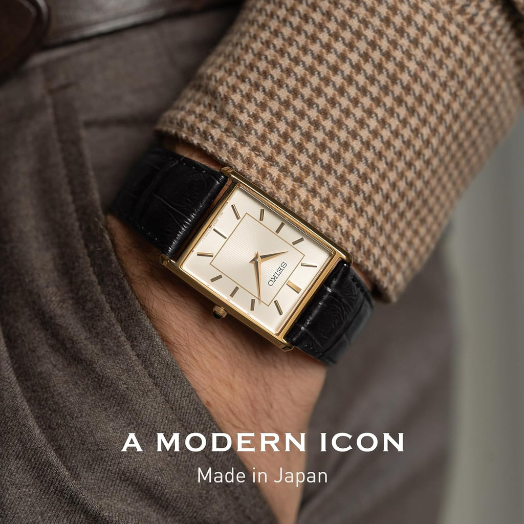 Essentials Watch for Men - Essentials - Water Resistant with Stainless Steel Rectangular Case and Leather Strap