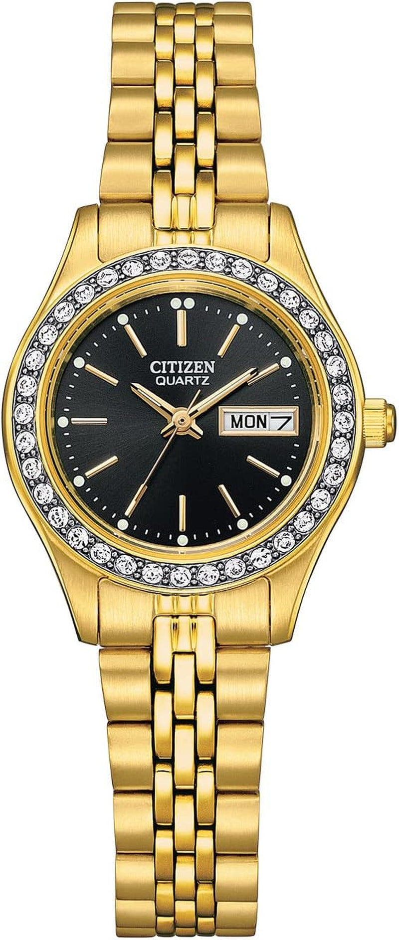 Ladies' Dress Quartz Stainless Steel Bracelet with Crystals and Day Date