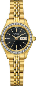 Ladies' Dress Quartz Stainless Steel Bracelet with Crystals and Day Date