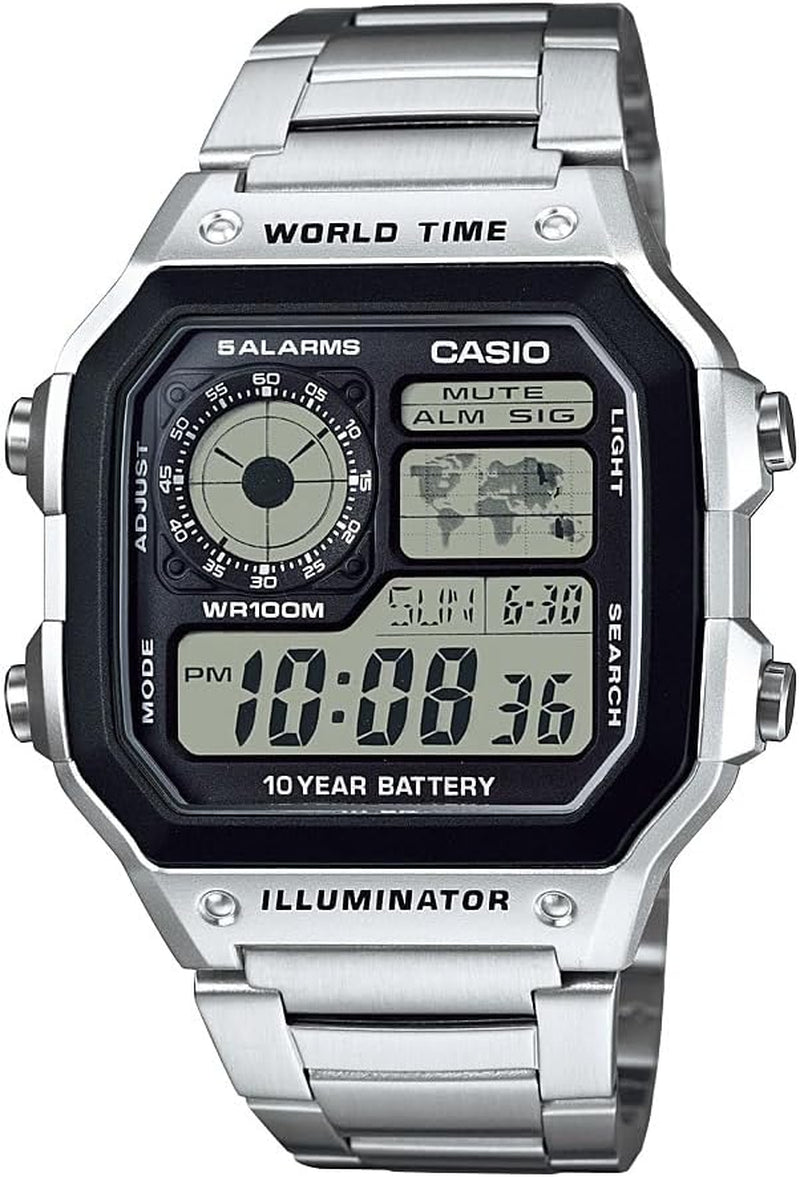 AE1200WH Series | Men’S Digital Watch | 100M WR | Multi Alarms | 100 SEC Stopwatch | Countdown Timer | World Map for World Time | LED Light | LC Analog Display | 10 Year Battery