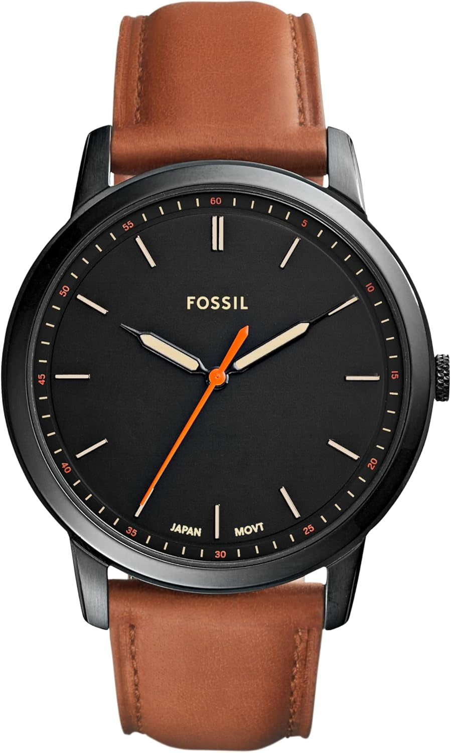 Men'S Minimalist Quartz Stainless Steel and Black Leather Three-Hand Watch for Men, Color: Black, Luggage
